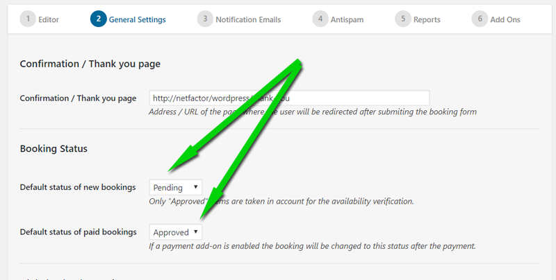 default status of the booking